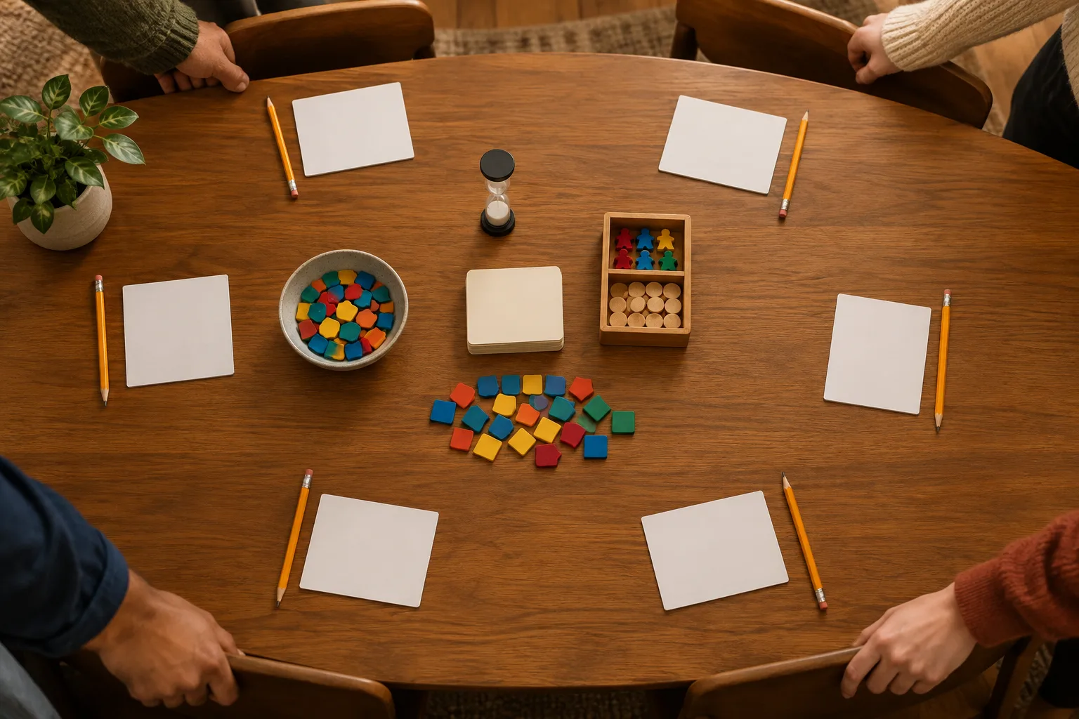 Des cartes vierges et des crayons sont disposés autour d’une table avant une partie.