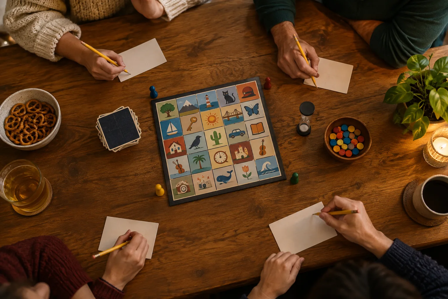 Des joueurs réunis autour d’une table avec des cartes et des crayons pour une partie coopérative.