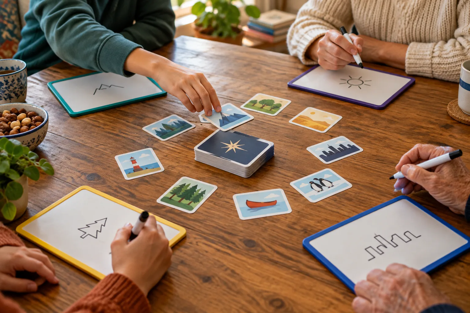 Des mains écrivent des indices sur de petits chevalets autour d’un jeu de cartes posé sur une table.