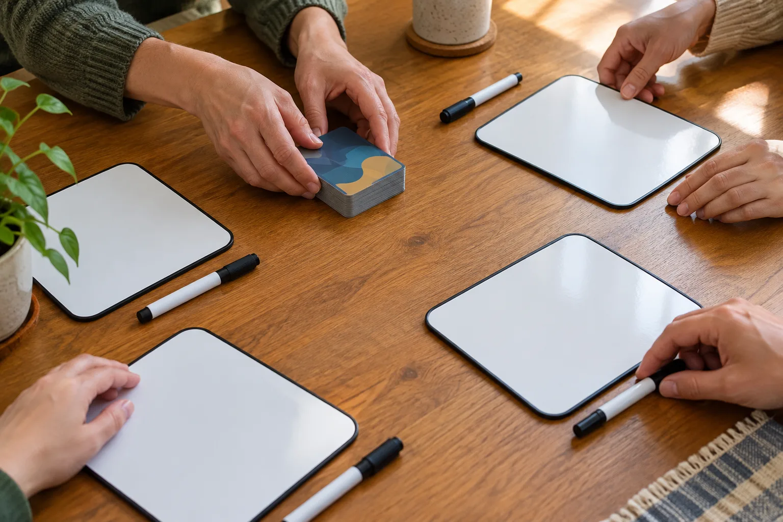 Des cartes, des supports effaçables et des feutres sont disposés au centre de la table.