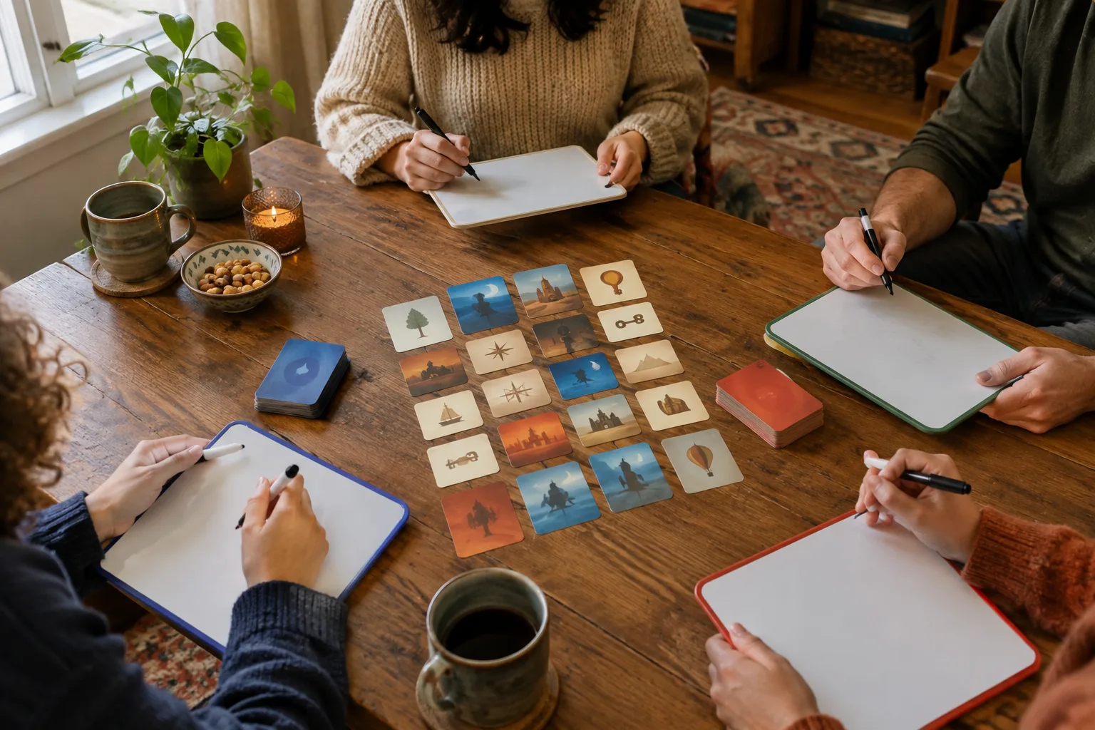 Des joueurs préparent des indices sur de petits supports autour d’une table.