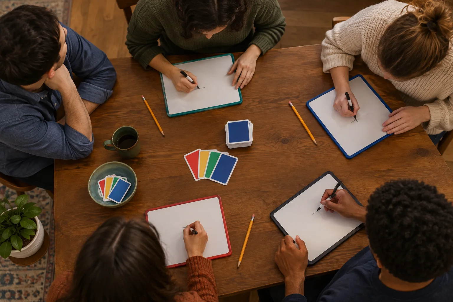 Des participants écrivent discrètement leurs indices pendant que le devineur détourne le regard.