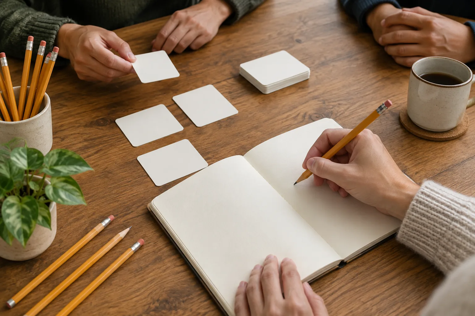 Un carnet, des crayons et des cartes vierges sont disposés sur une table avant la partie.