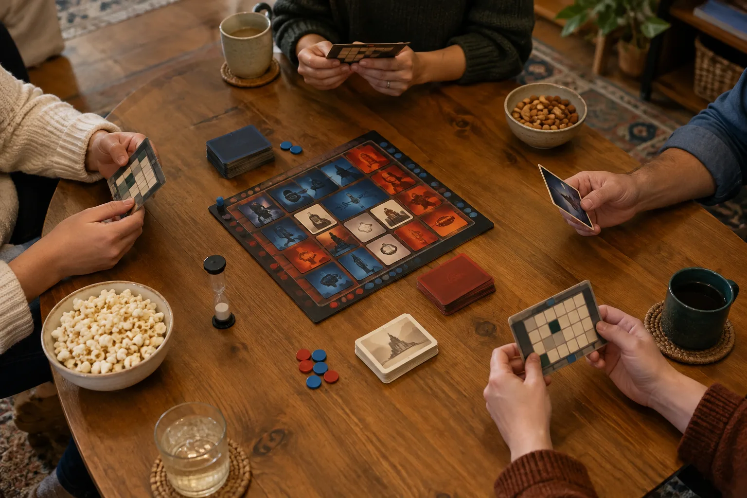 Des joueurs écrivent des indices sur de petits supports autour d’une table.