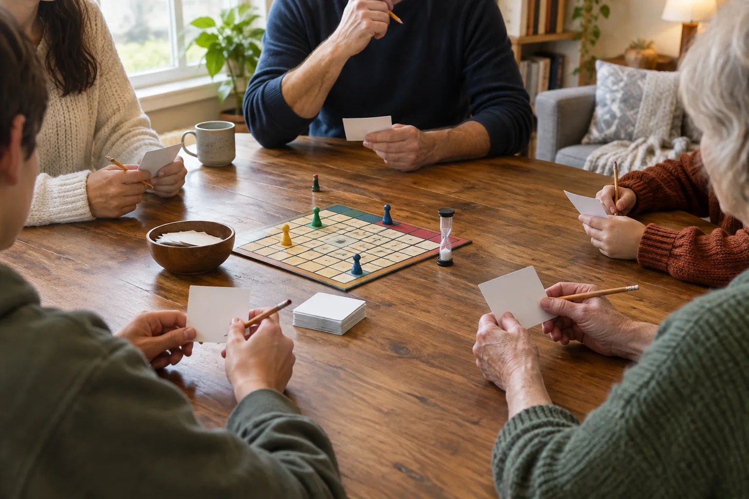 Des joueurs de plusieurs générations écrivent des indices sur des cartes autour d’une table.