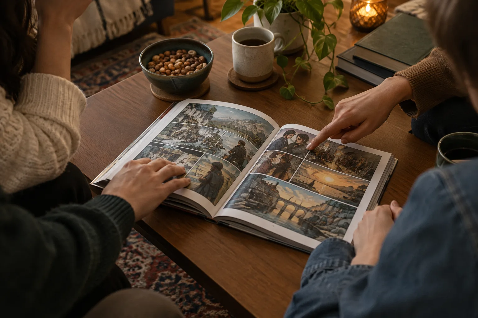Des lecteurs réunis autour d’une bande dessinée ouverte sur une table.
