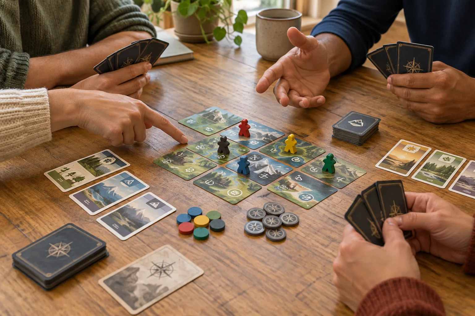 Des joueurs préparent ensemble les éléments d’une mission autour de la table.