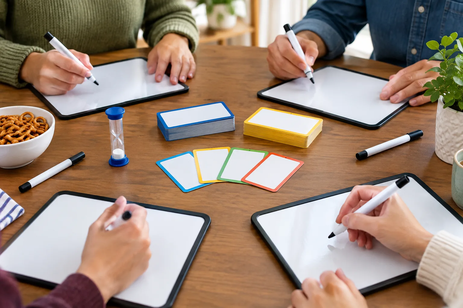 Petites ardoises effaçables et cartes disposées pour une partie de devinettes coopérative.