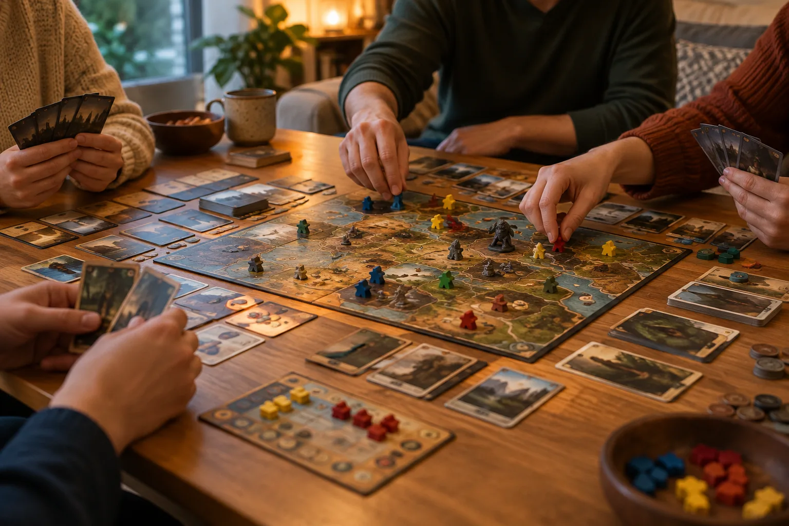 Des mains réunies autour d’un jeu de société coopératif sur une table.
