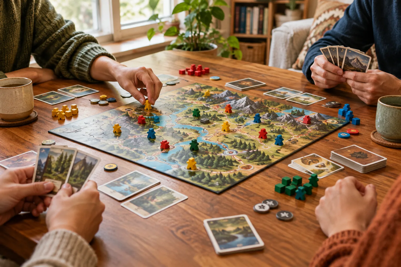 Des mains réunies autour d’un jeu coopératif installé sur une table.