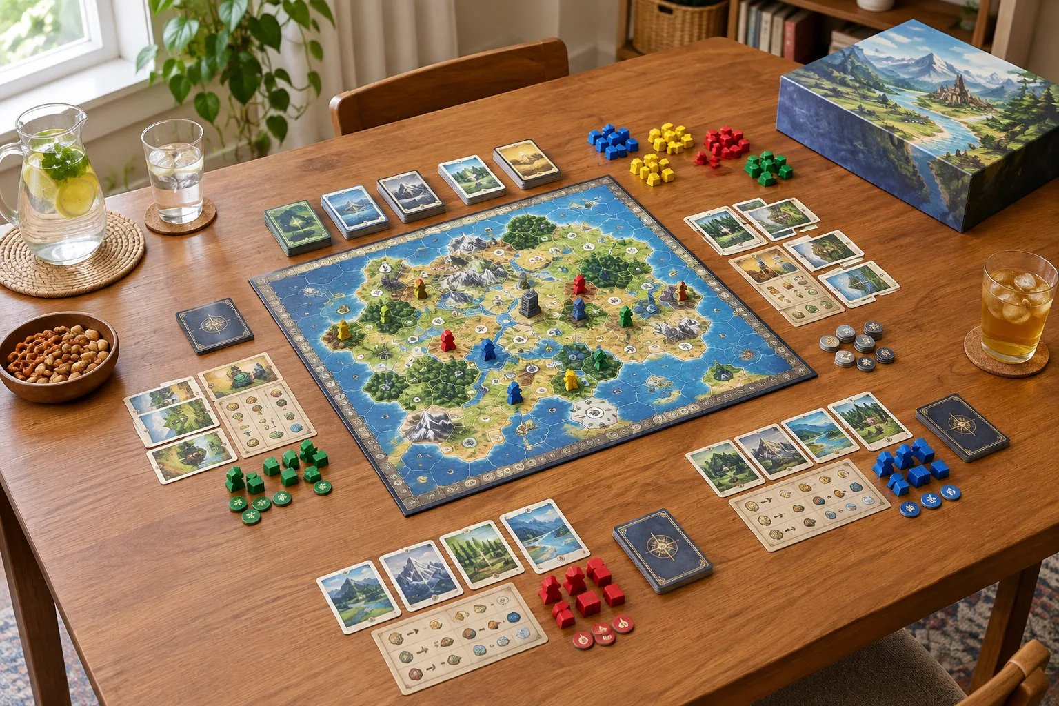 Un jeu coopératif est installé sur une table dégagée, avec les cartes et les pions prêts à être utilisés.