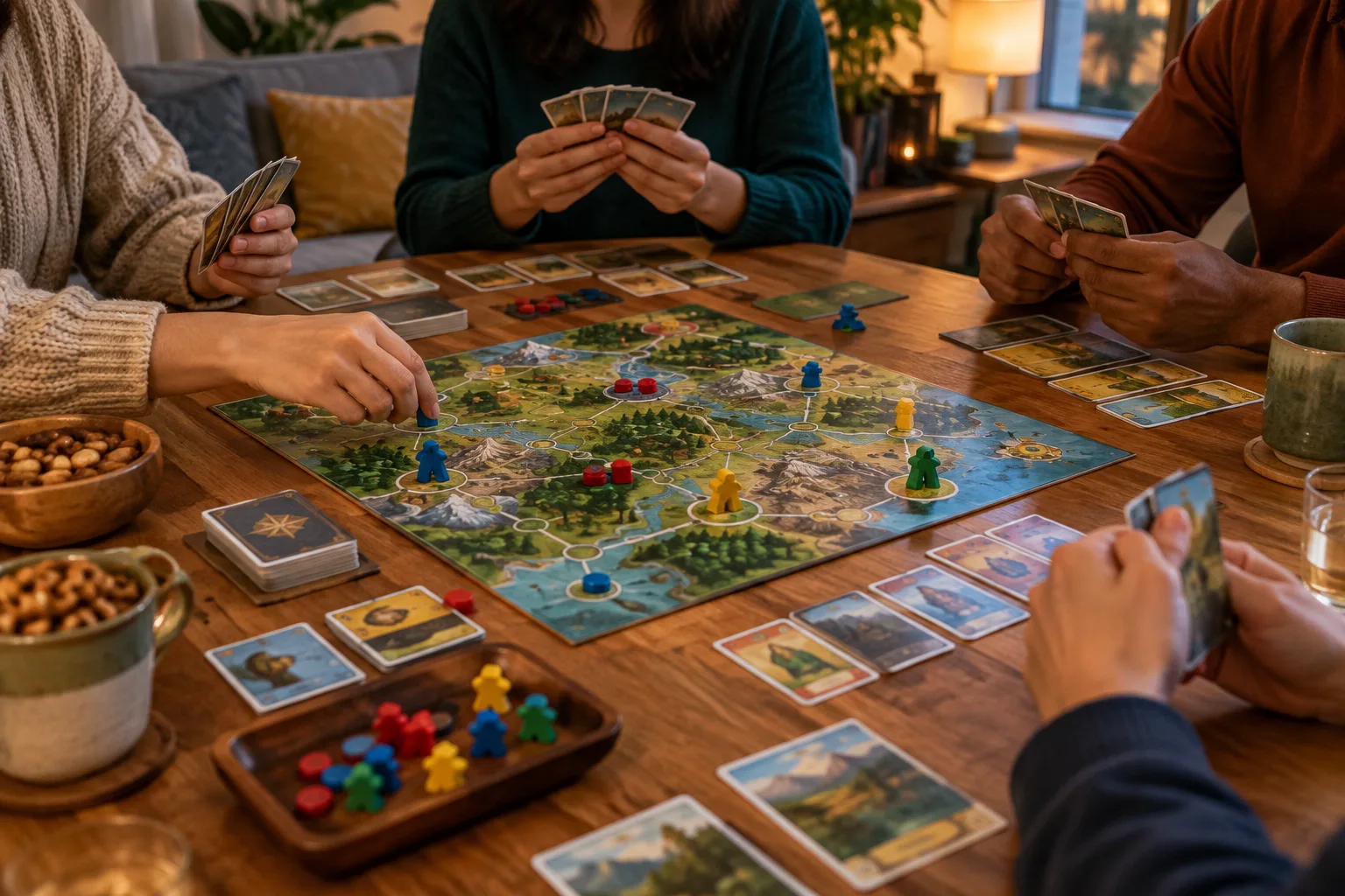 Des mains préparent ensemble des cartes et des pions sur une table avant une partie coopérative.
