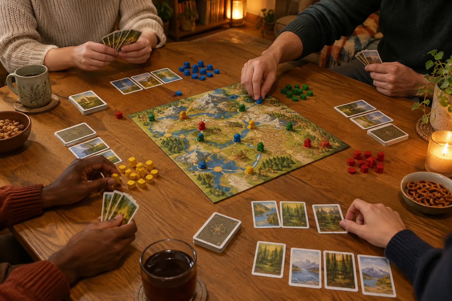 Des mains installent des cartes et des pions autour d’un plateau de jeu coopératif.