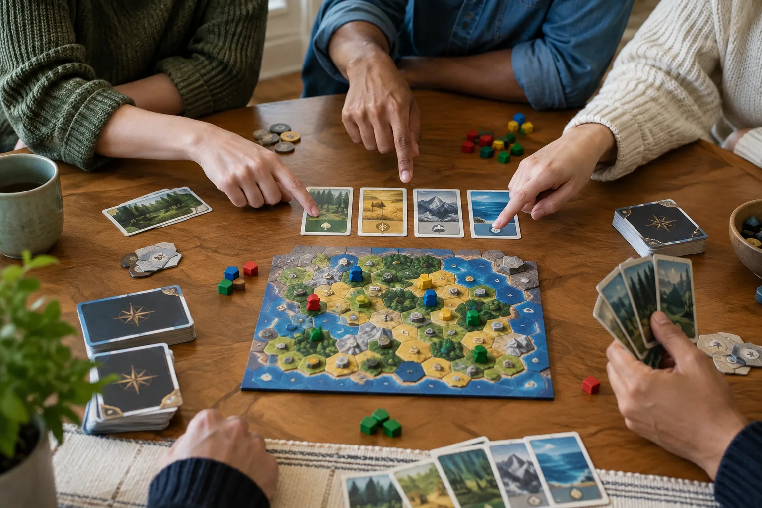 Des mains désignent des cartes et un plateau de jeu pour choisir une activité à partager.