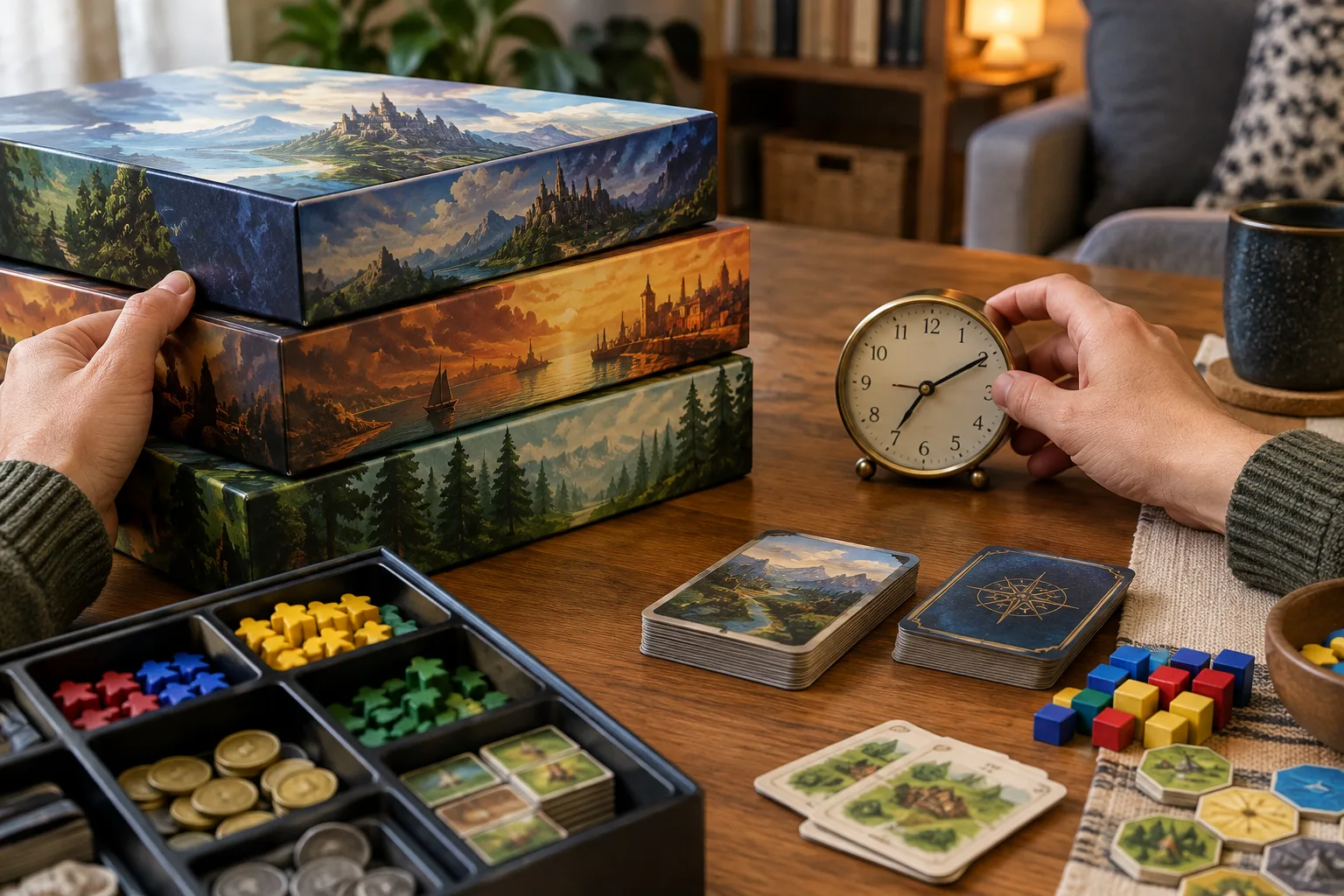 Des mains choisissent une boîte de jeu près d’une horloge et de matériel rangé.
