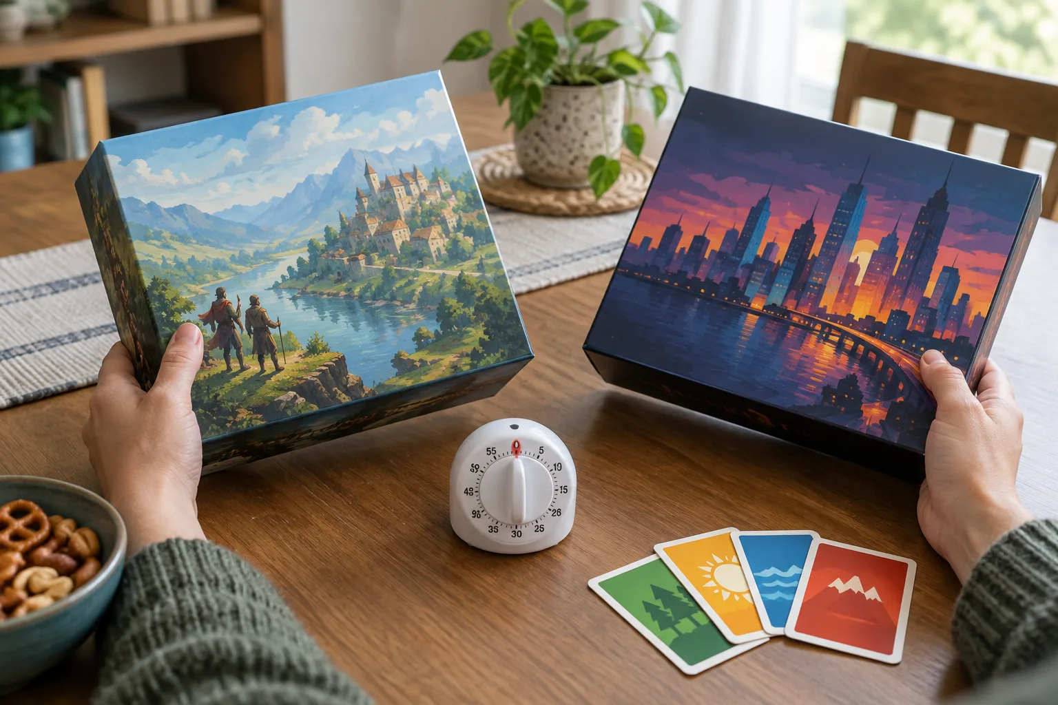 Des mains choisissent entre des jeux de société posés près d’un minuteur et de cartes.