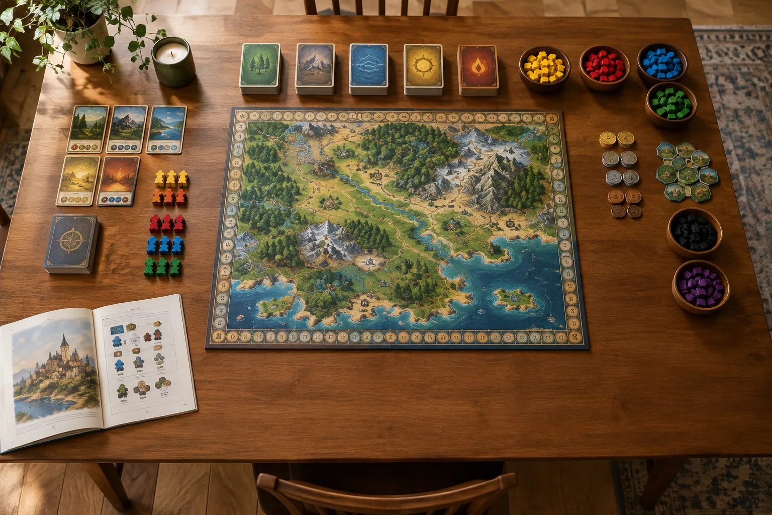 Un jeu de société préparé sur une table, avec les cartes et les pions rangés.