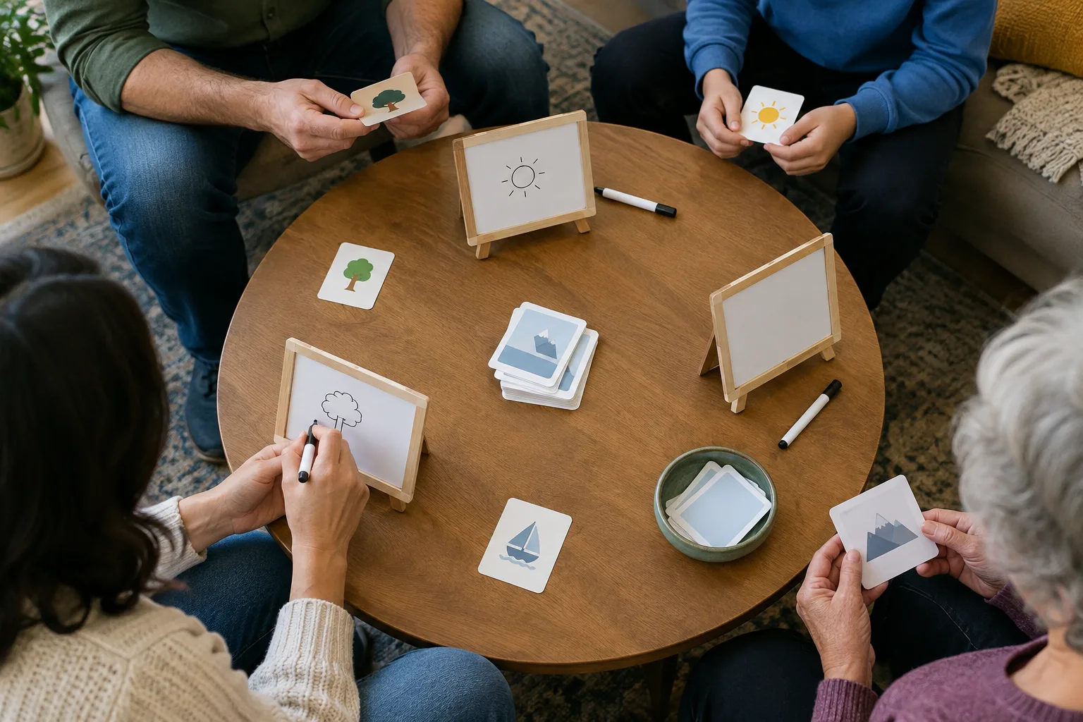 Des mains posent des cartes et préparent des indices pendant une partie de jeu coopératif.