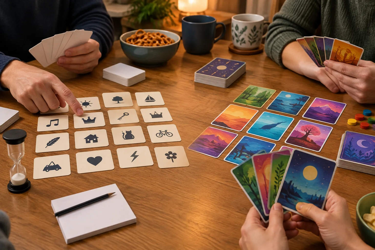 Deux jeux de cartes coopératifs sont disposés sur une table pour choisir le format de la soirée.
