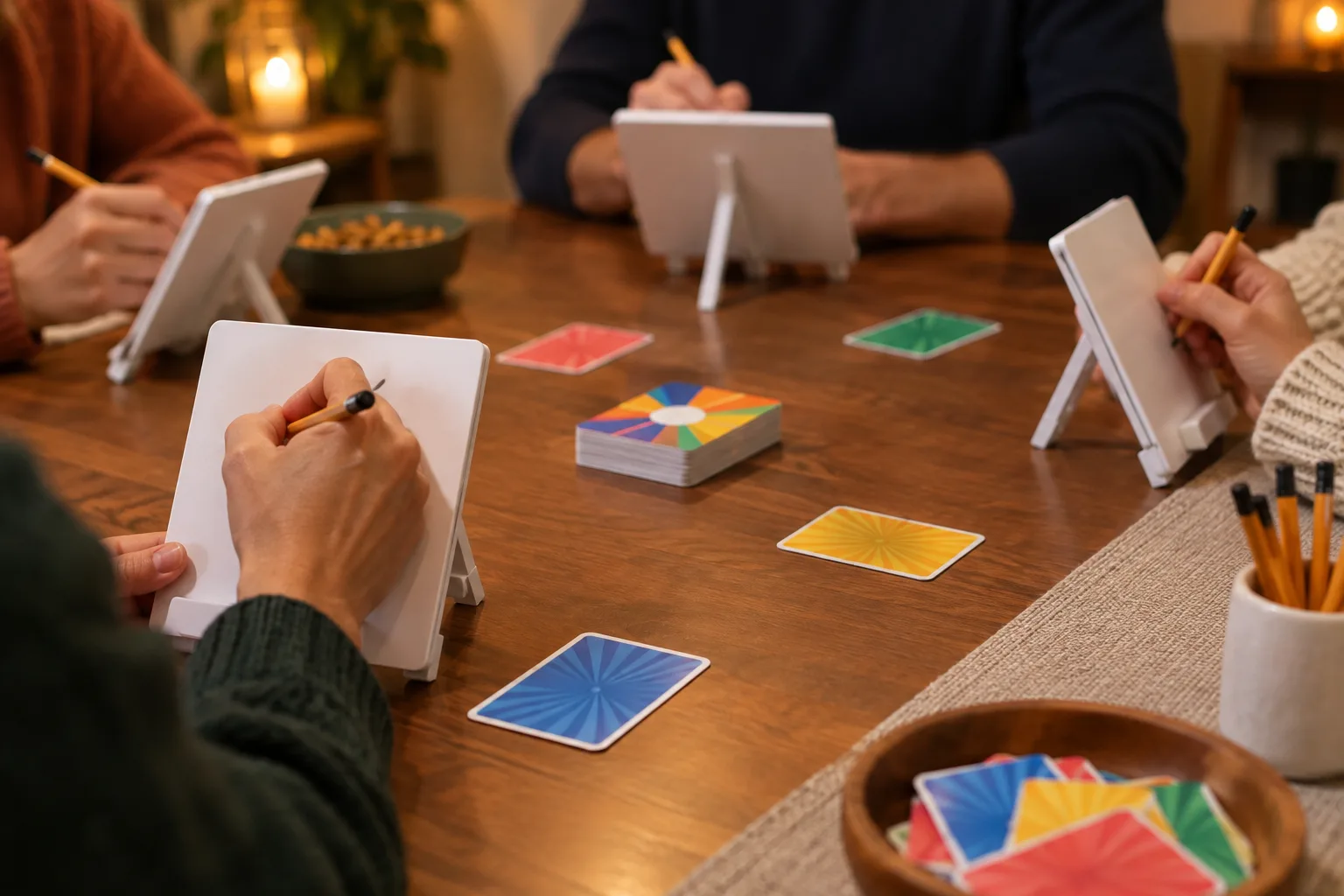 Des joueurs préparent des indices sur de petits chevalets pendant un jeu de mots coopératif.