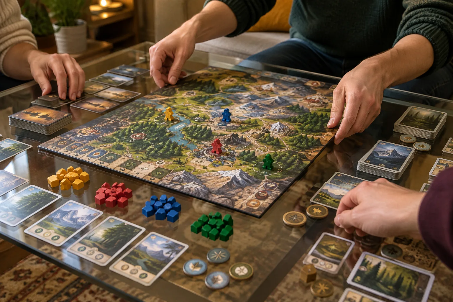 Des mains installent le plateau, les cartes et les pions d’un jeu coopératif sur une table.