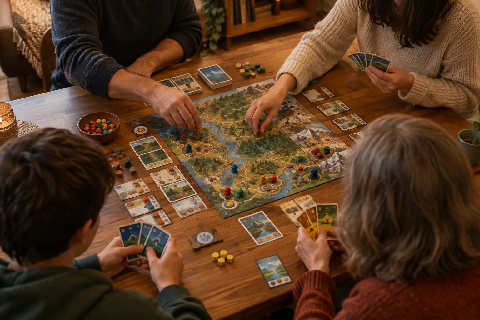 Des joueurs réunis autour d’un jeu de société coopératif, avec des cartes et des pions sur la table.