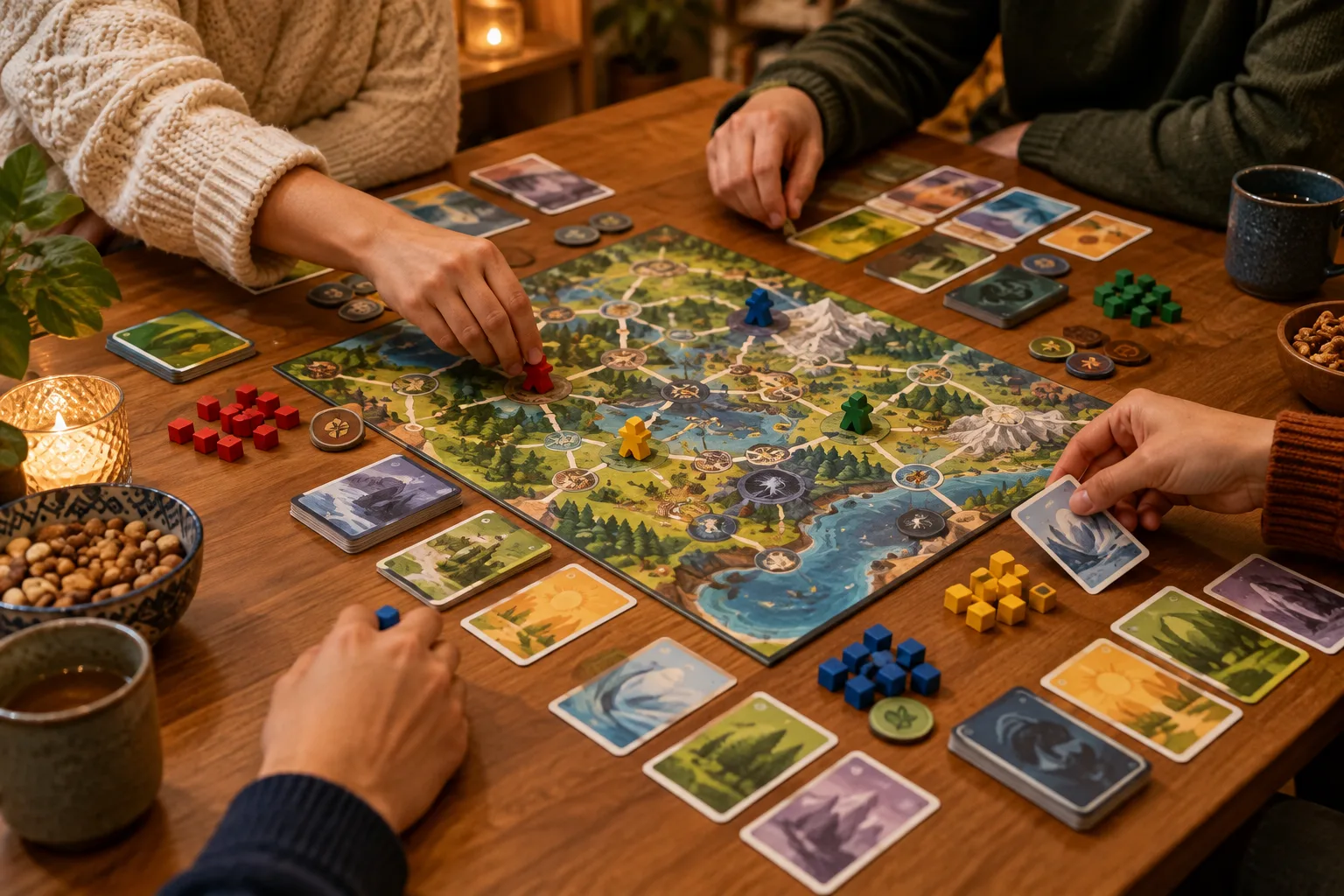 Des mains réunies autour d’un jeu coopératif installé sur une table.
