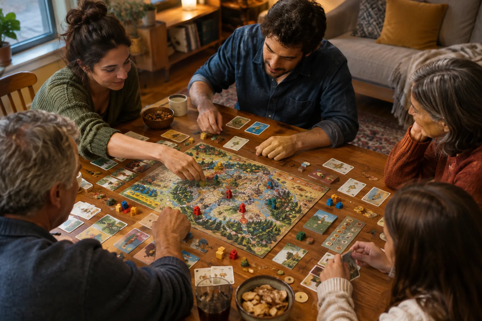 Des joueurs réunis autour d’un jeu de société coopératif, avec des cartes et des pions disposés sur la table.