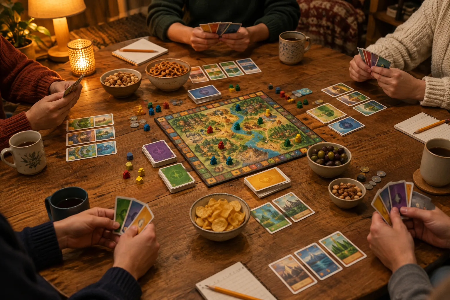 Des mains autour d’une table de jeu avec des cartes, des crayons et des boissons.
