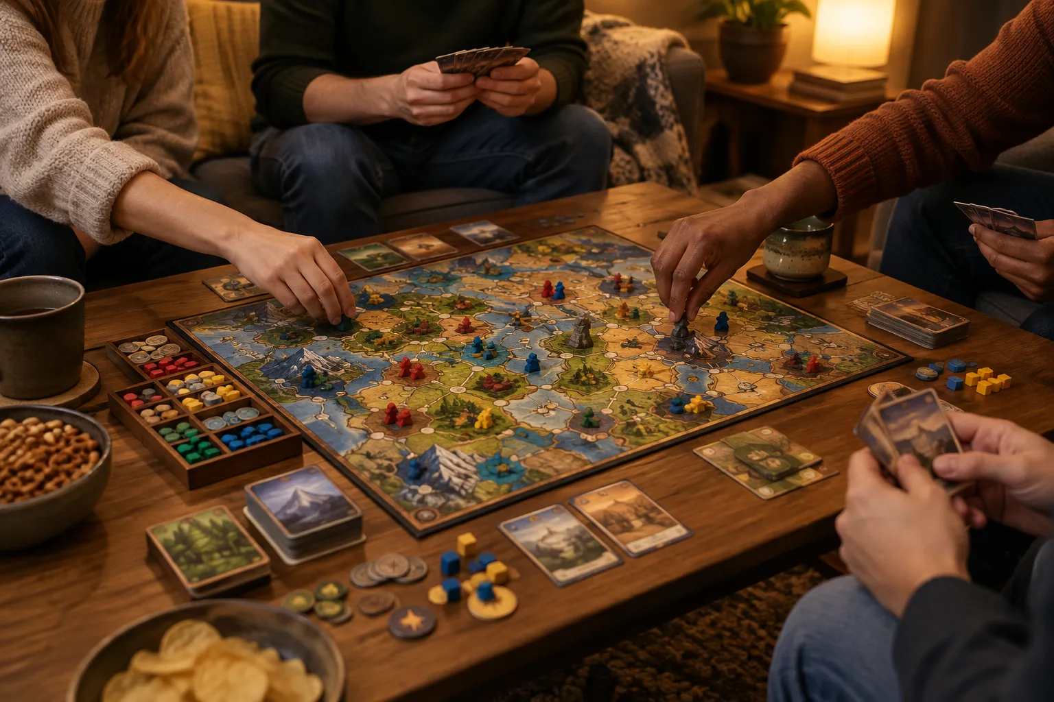 Des joueurs coopèrent autour d’un plateau de jeu installé sur une table.