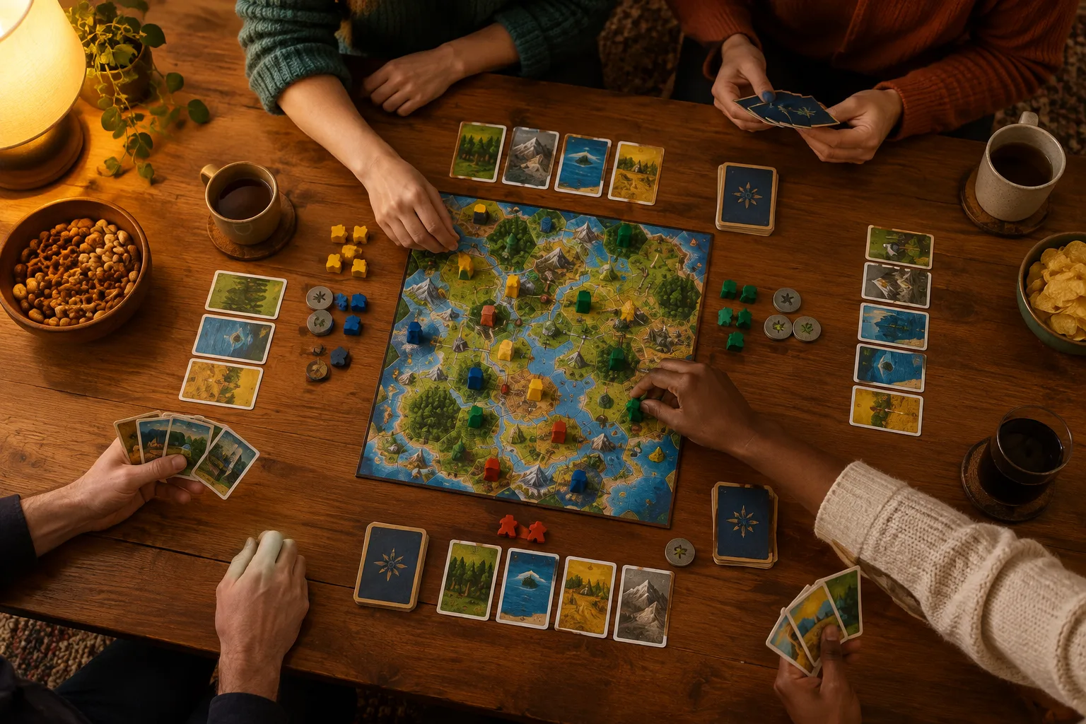 Des mains préparent ensemble cartes et pions autour d’un jeu de société.
