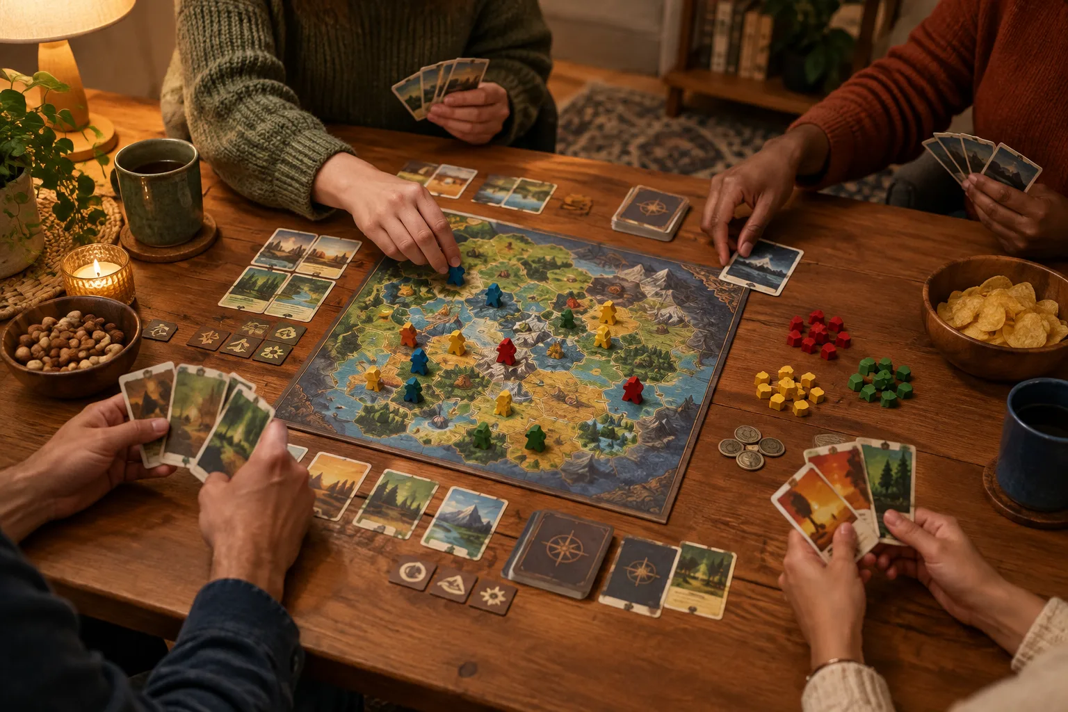 Des mains réunies autour d’un jeu de société coopératif, avec des cartes et des pions sur une table.