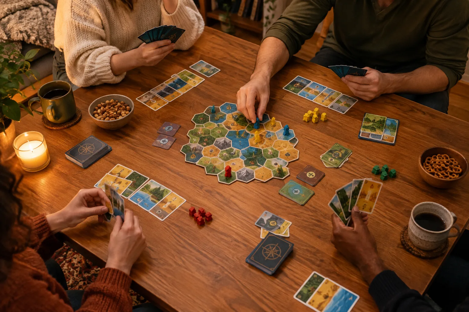 Des joueurs réunis autour d’un jeu coopératif de cartes, les mains posées près du matériel.