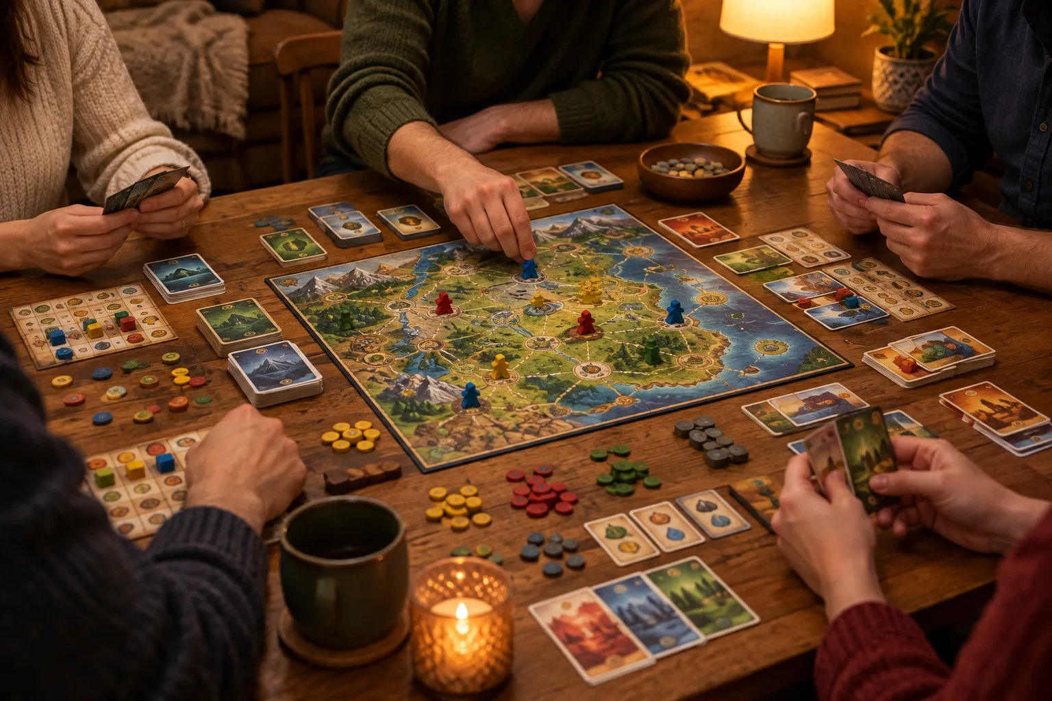 Des joueurs préparent ensemble un jeu de société coopératif autour d’une table éclairée par une lampe.