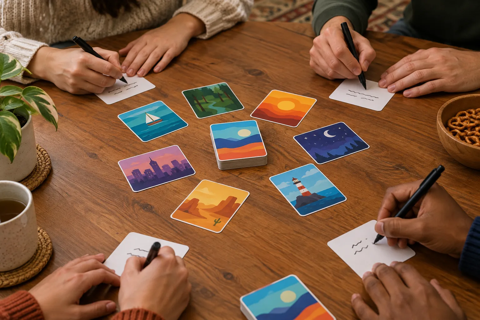 Des mains préparent des cartes d’indices autour d’un jeu de société coopératif.