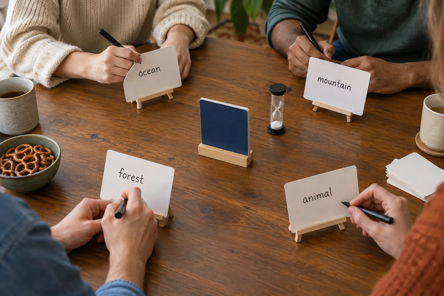 Des joueurs écrivent des indices sur des chevalets pendant une partie de jeu coopératif.