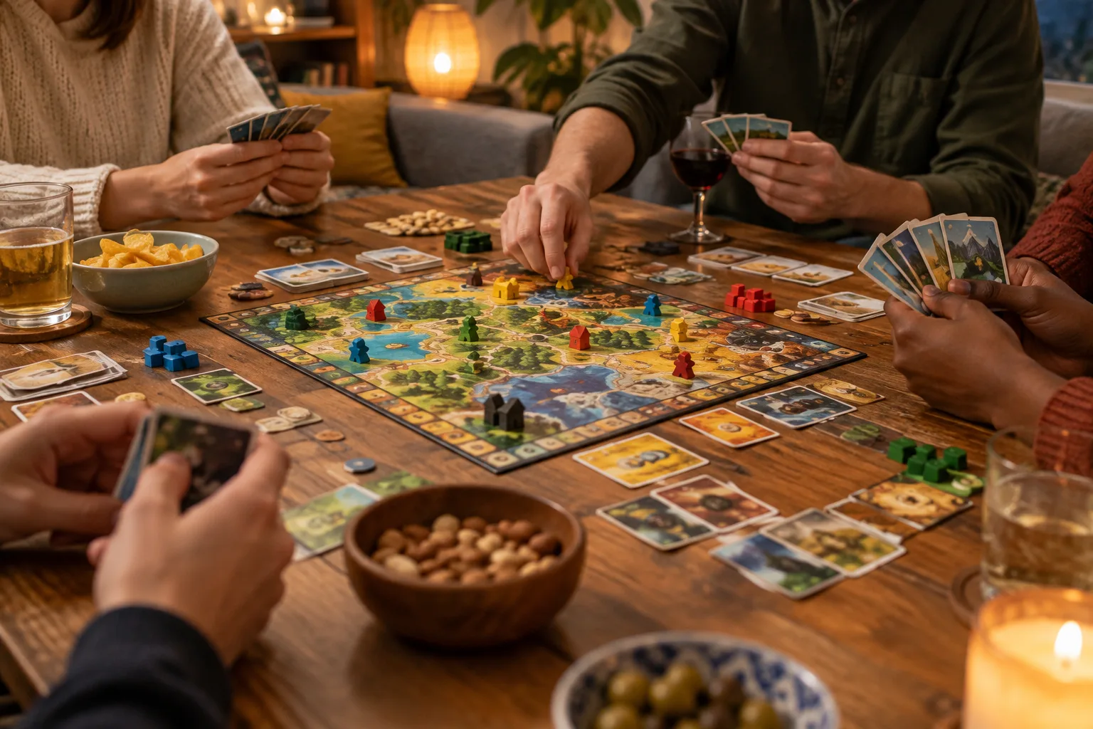 Des joueurs réunis autour de cartes et de petits éléments de jeu sur une table.