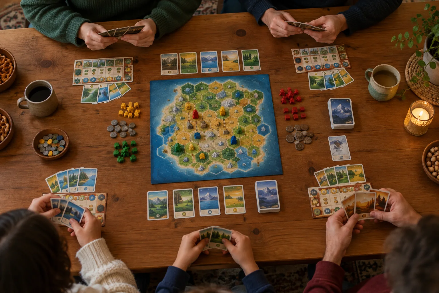 Des mains réunies autour d’un jeu de cartes coopératif sur une table éclairée par une lumière douce.