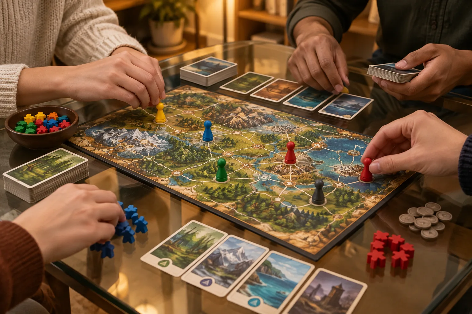 Des mains préparent les cartes et les pions d’un jeu de société coopératif.