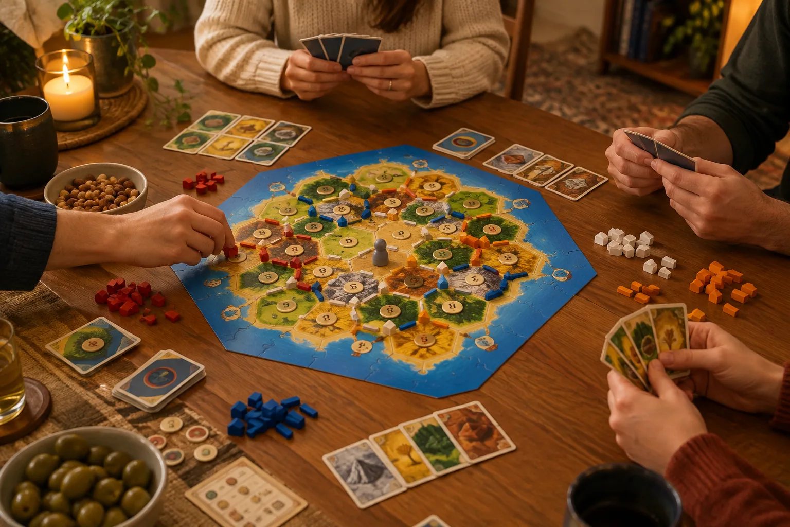Un jeu de société installé sur une table, avec des cartes et des pions prêts pour une partie.