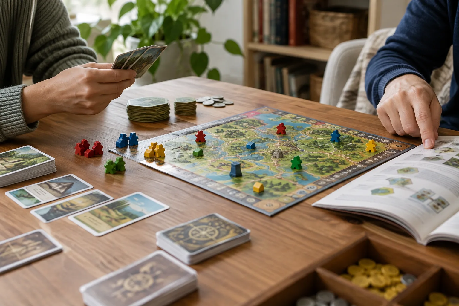 Des mains choisissent un jeu de société parmi des cartes et des pions disposés sur une table.