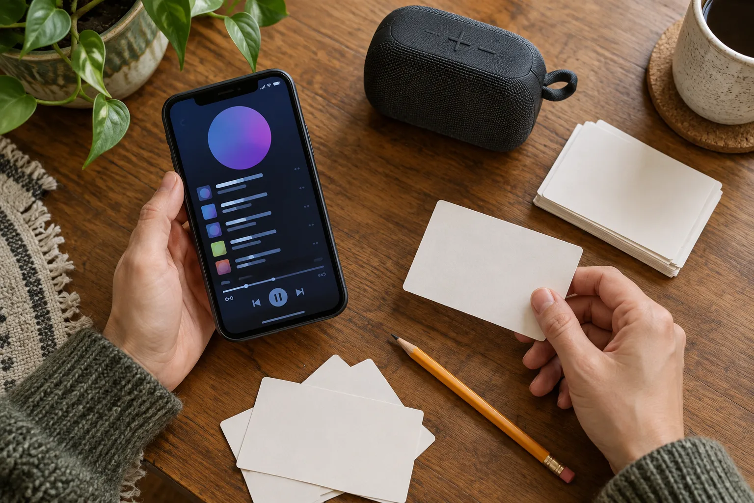 Un téléphone, une enceinte et des cartes vierges réunis pour préparer une playlist de quiz musical.