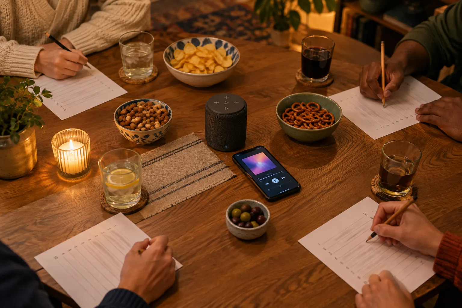 Des mains préparent une playlist et des feuilles de réponses pour un quiz musical à la maison.