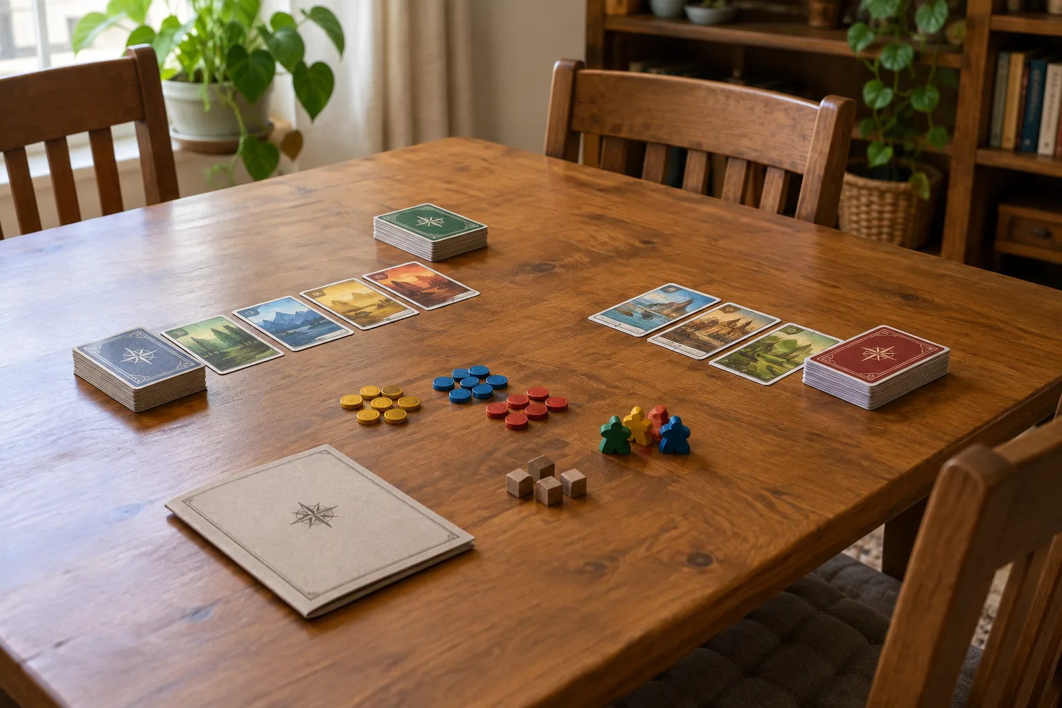 Des cartes, un livret de règles et des pions sont disposés sur une table avant une partie.
