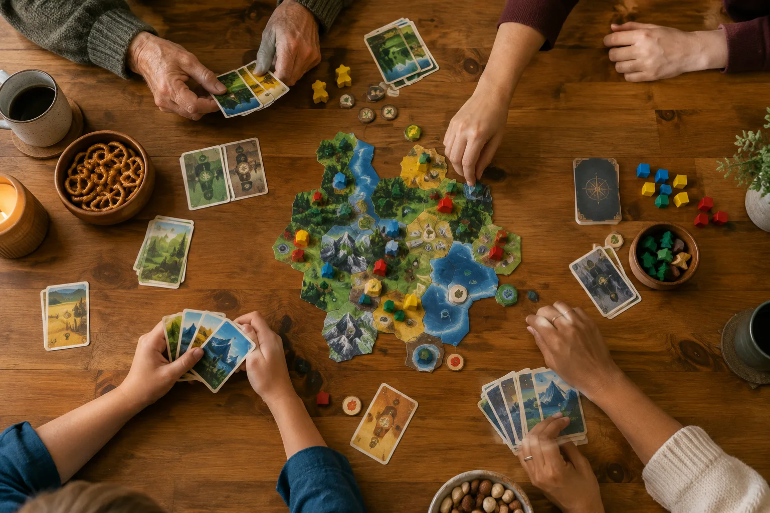 Des mains préparent ensemble des cartes et des pions autour d’une table de jeu.