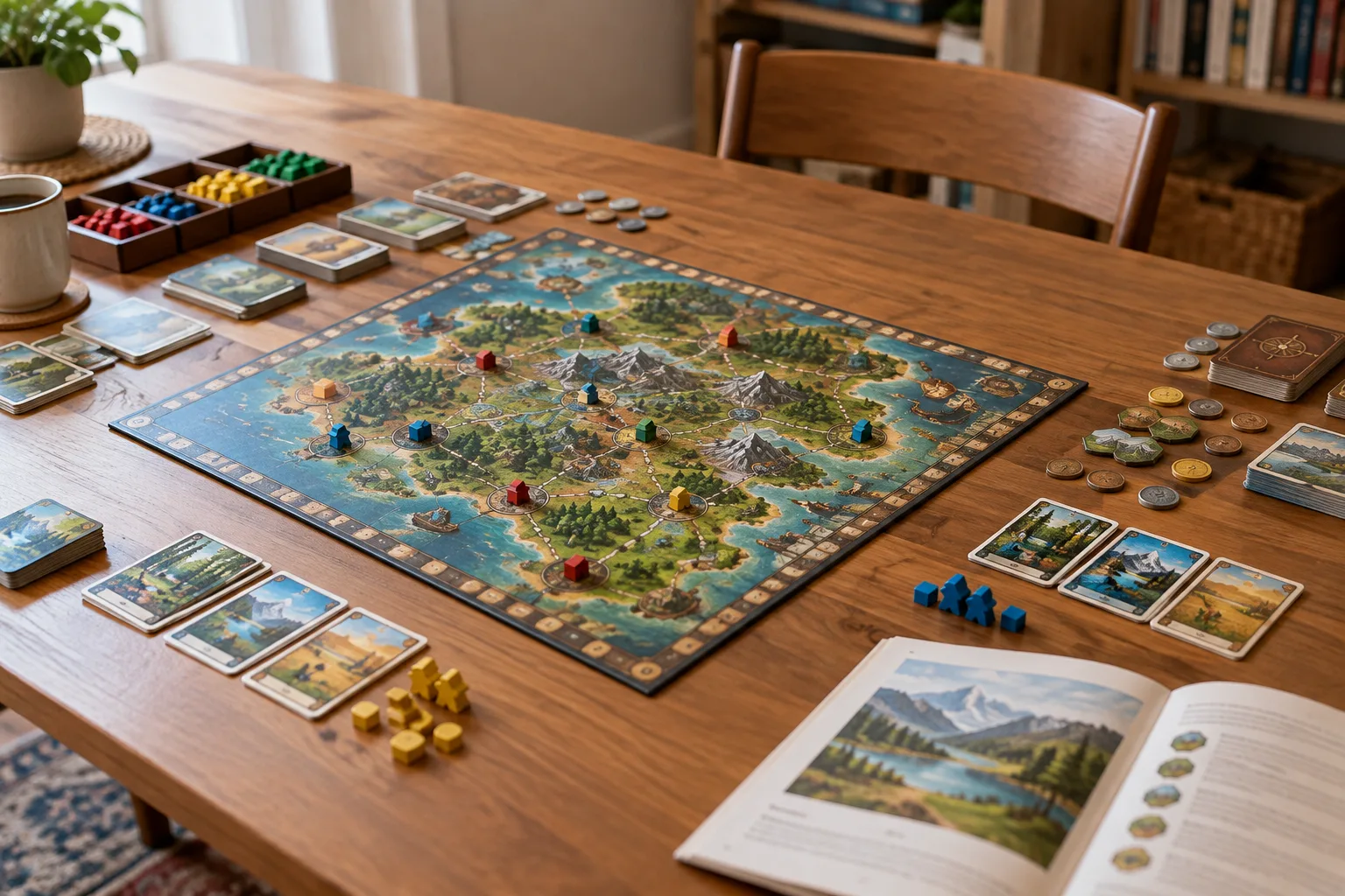 Un plateau de jeu installé avec des cartes et des pions rangés à proximité.