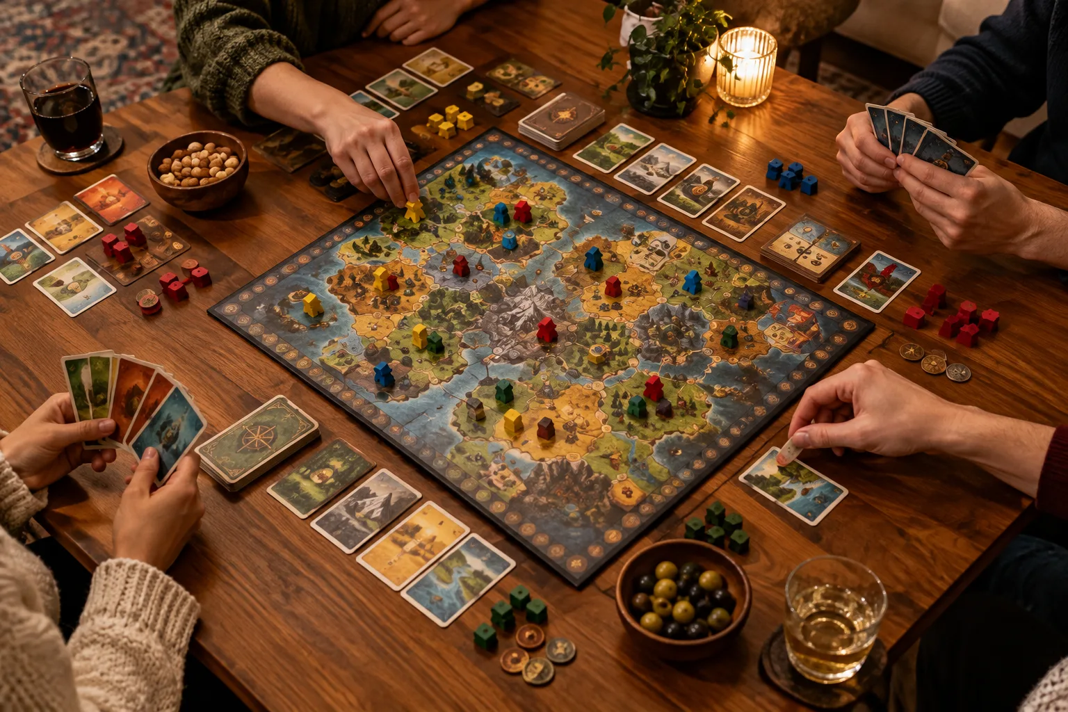 Des mains disposent cartes et pions autour d’un jeu de société sur une table.