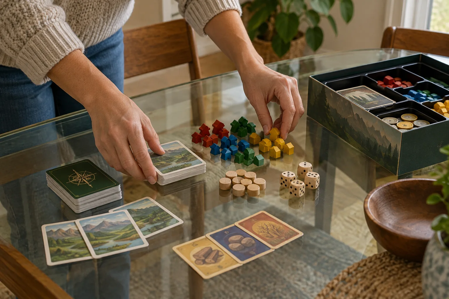 Des cartes, des pions et des dés sont disposés sur une table dégagée.