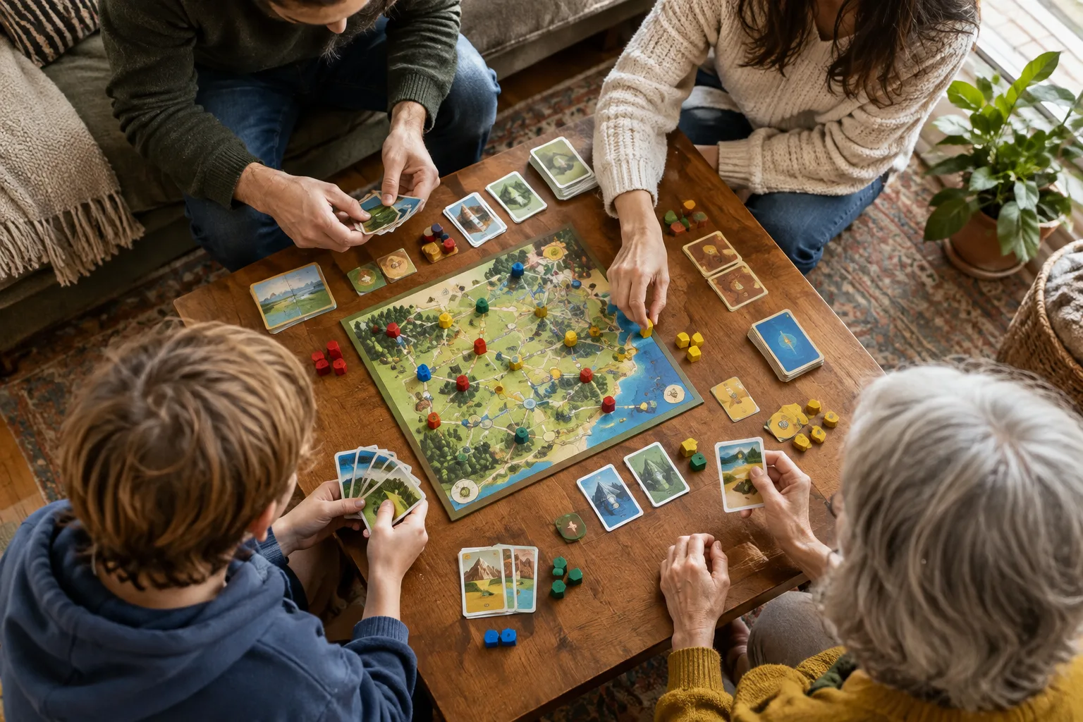 Des joueurs réunis autour d’un jeu coopératif, avec des cartes et des pions au centre de la table.