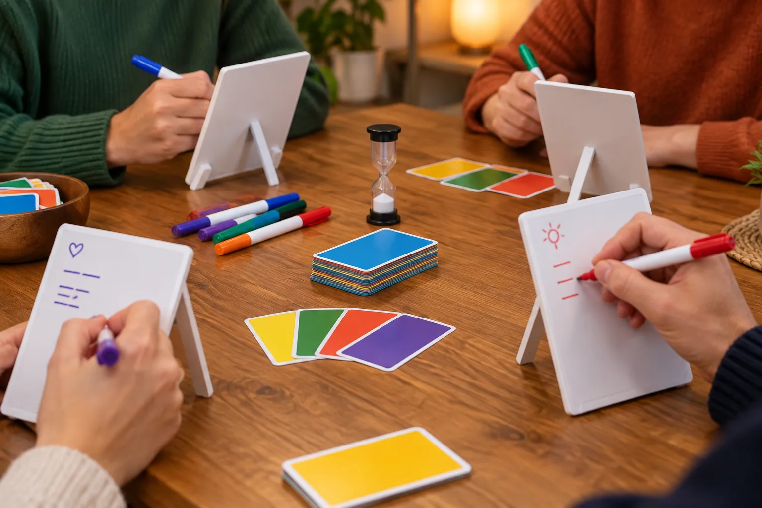 Des joueurs préparent des indices écrits sur de petits supports autour d’une table.